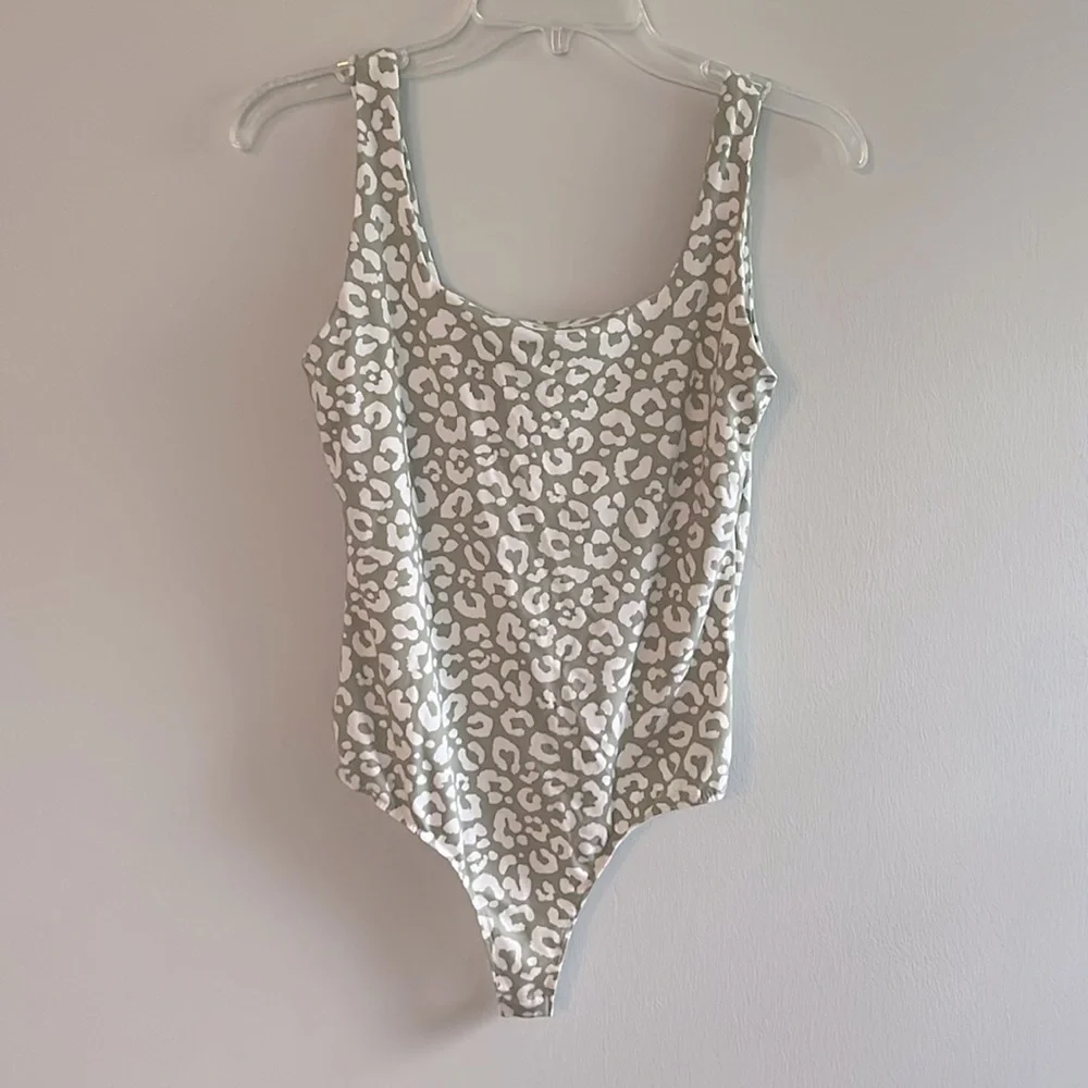Le Lis soft green white leopard print thong bodysuit
